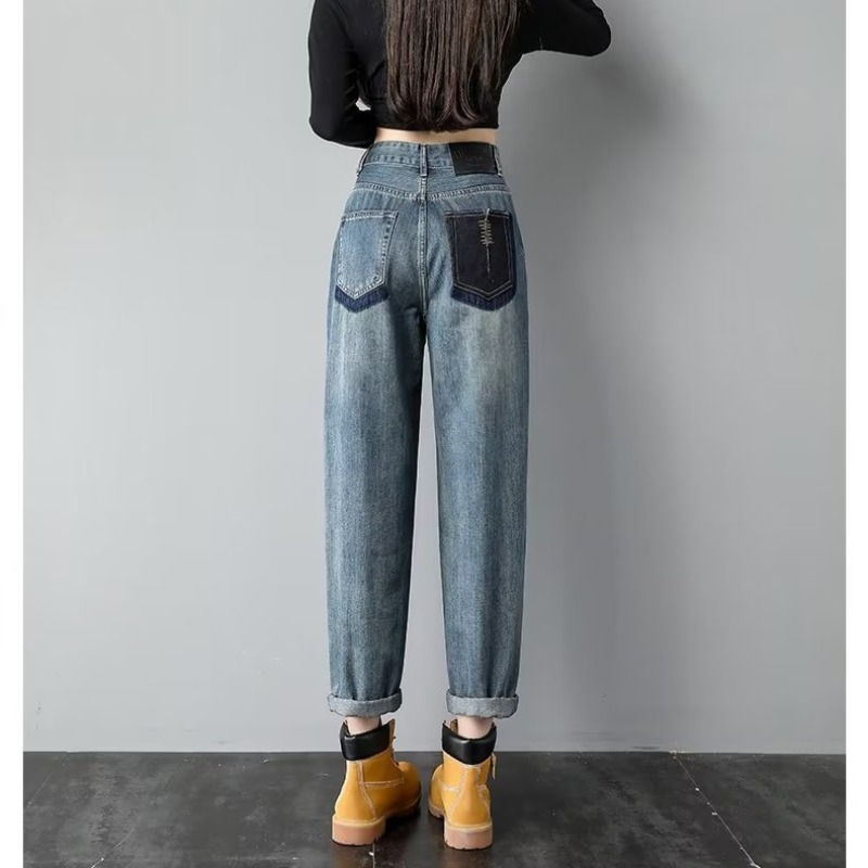 撞色口袋設計高腰大碼牛仔褲