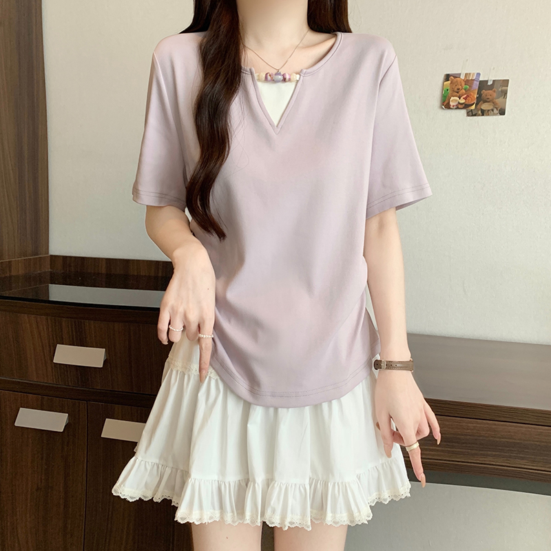 洋氣圓領假兩件短袖T恤