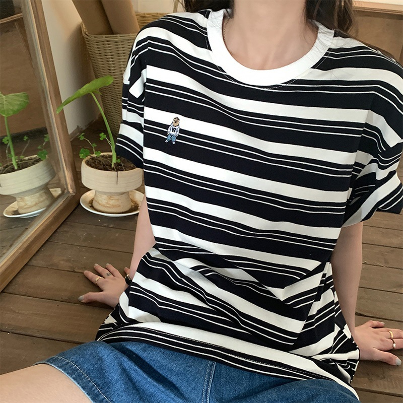 韓式復古條紋卡通刺繡休閒T恤(2色)