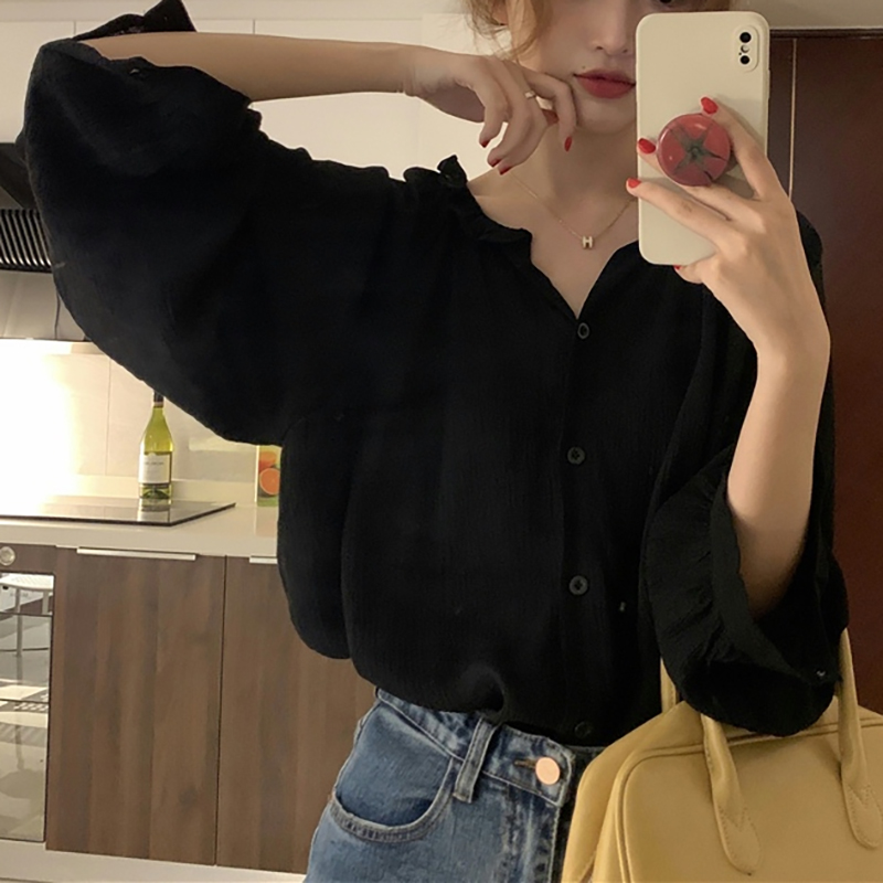 簡約木耳邊V領長袖襯衫