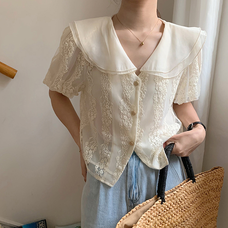 百搭繡花蕾絲燈籠短袖襯衫