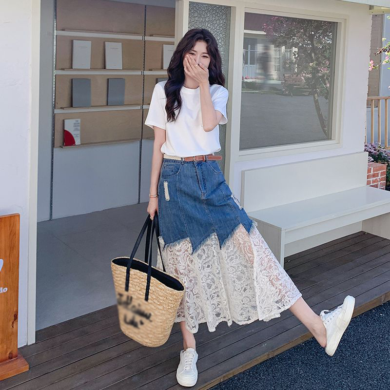 圓領短袖T卹+牛仔拼接蕾絲半身裙套裝