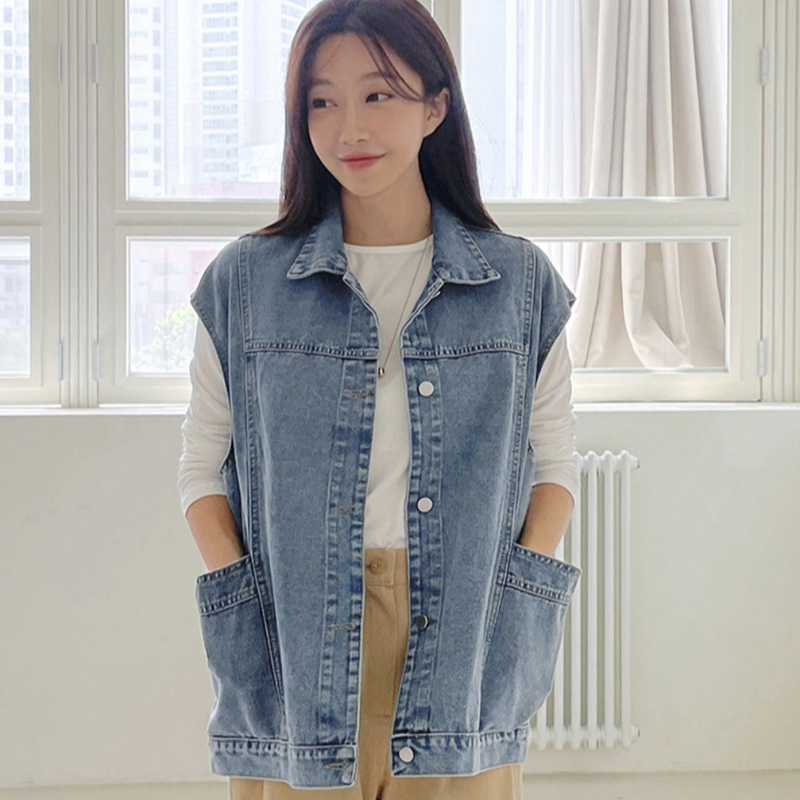 韓國工裝大口袋牛仔馬甲外套(2色)