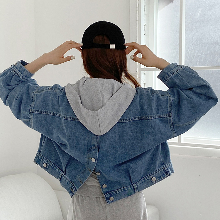 韓系後背繫扣開叉可拆式連帽牛仔短外套