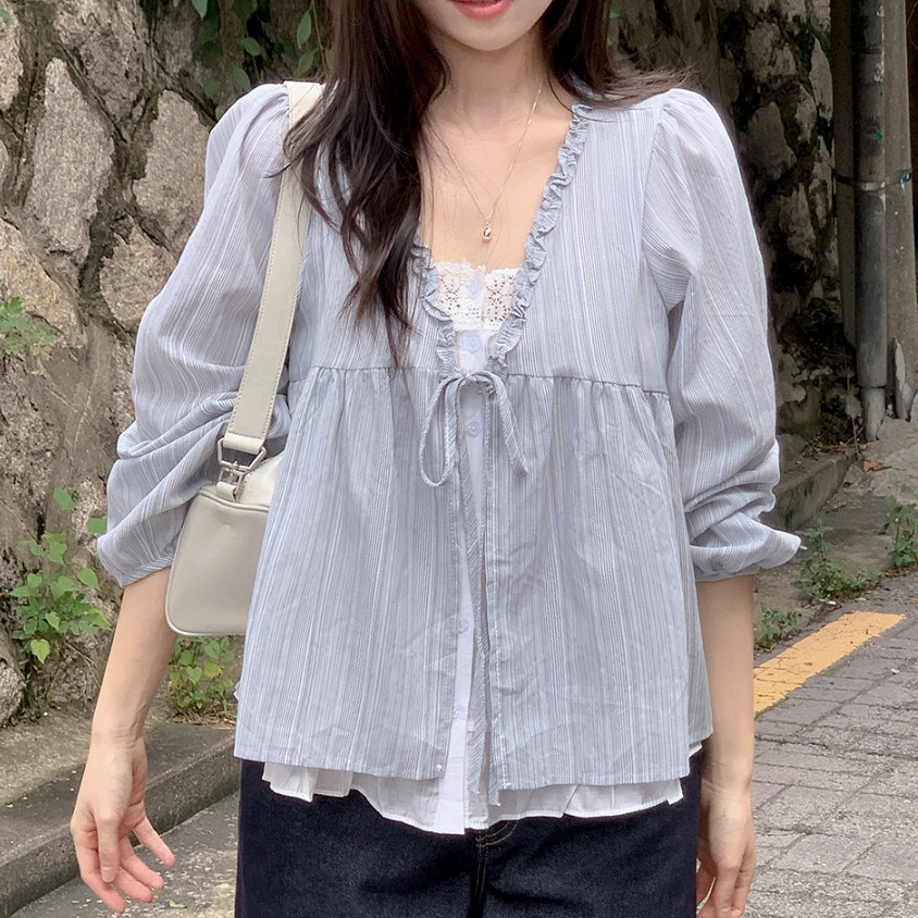 韓系甜美木耳邊條紋上假兩件娃娃衫(2色)