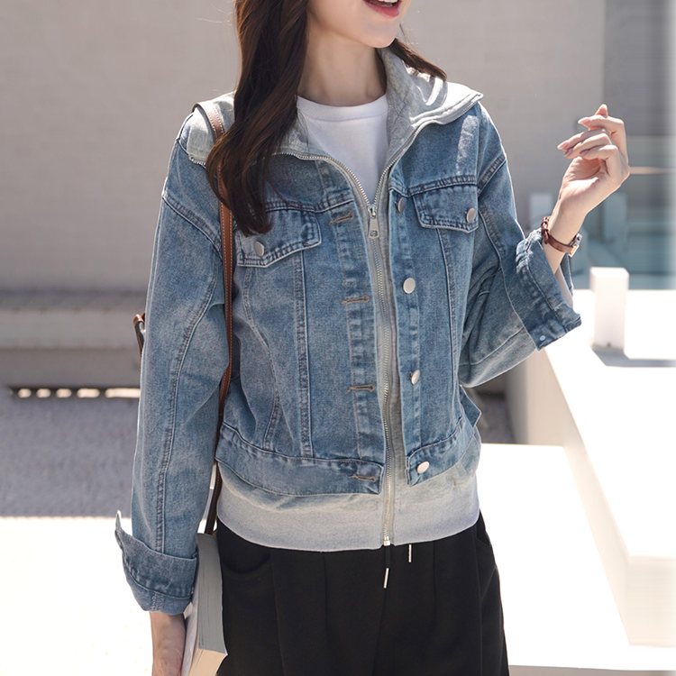 韓國翻領拼色假兩件拉鍊牛仔外套(2色)