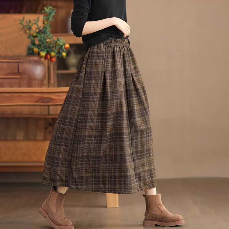 復古格紋高腰中長款半身裙