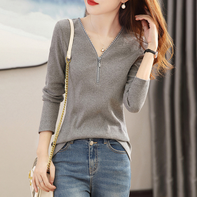 韓系設計感修身百搭V領長袖T恤