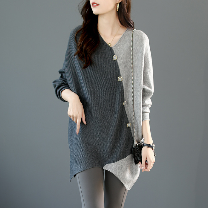 蝙蝠袖撞色拼接寬鬆針織衫