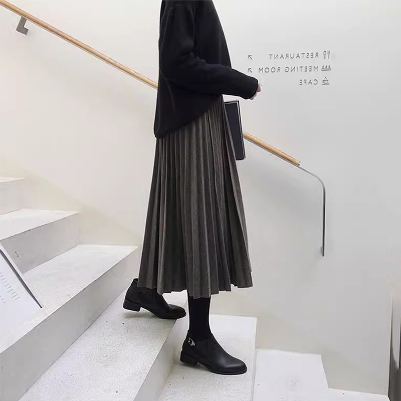 A字百褶鬆緊高腰中長款半身裙(3色)