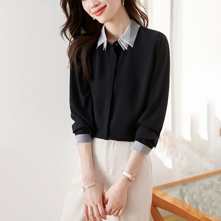 小眾復古拼色POLO領疊穿燈籠袖襯衫