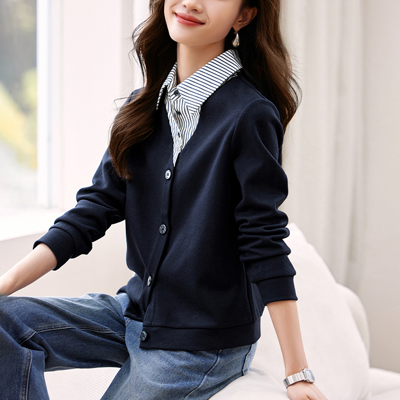 簡約POLO領假兩件條紋拼接襯衫