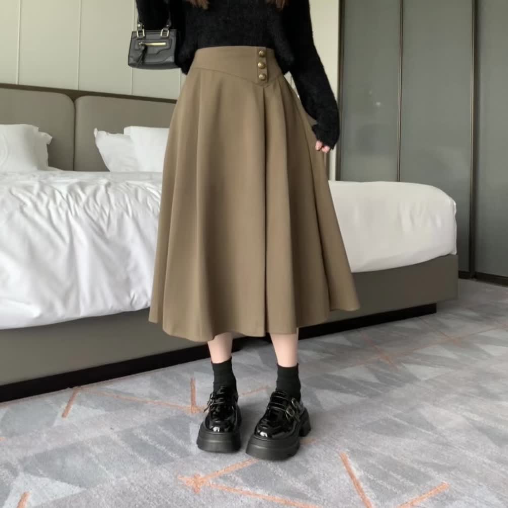 小眾彈性高腰顯瘦A字大擺半身裙(3色)