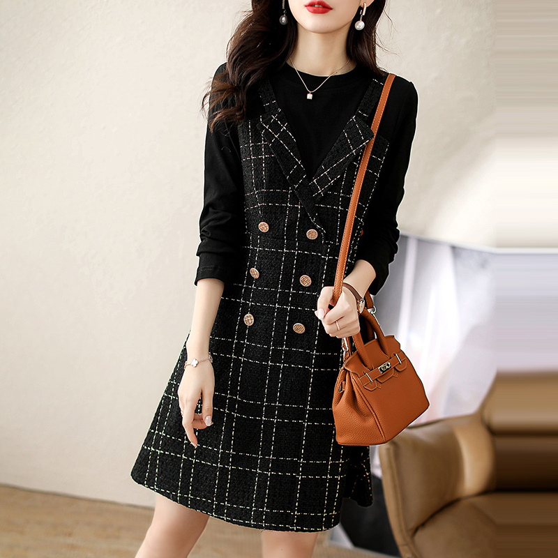 時尚假兩件優雅輕熟格紋連身裙