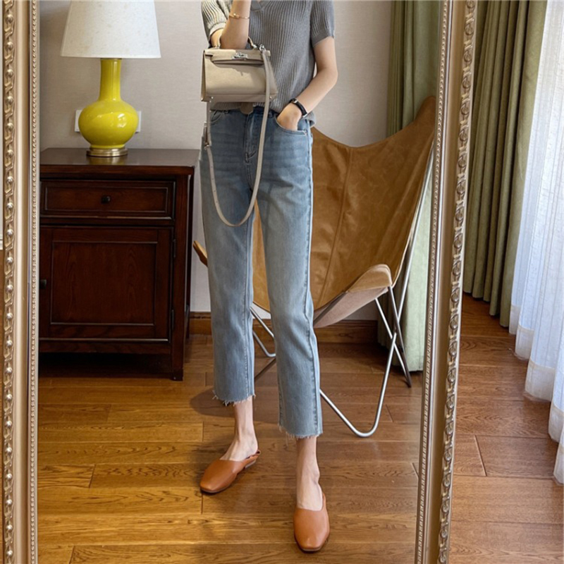 洋氣薄款高腰直筒彈性九分牛仔褲