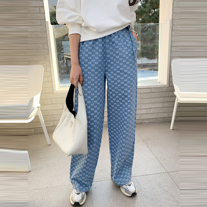 韓系復古蝴蝶結提花直筒繫帶水洗牛仔褲