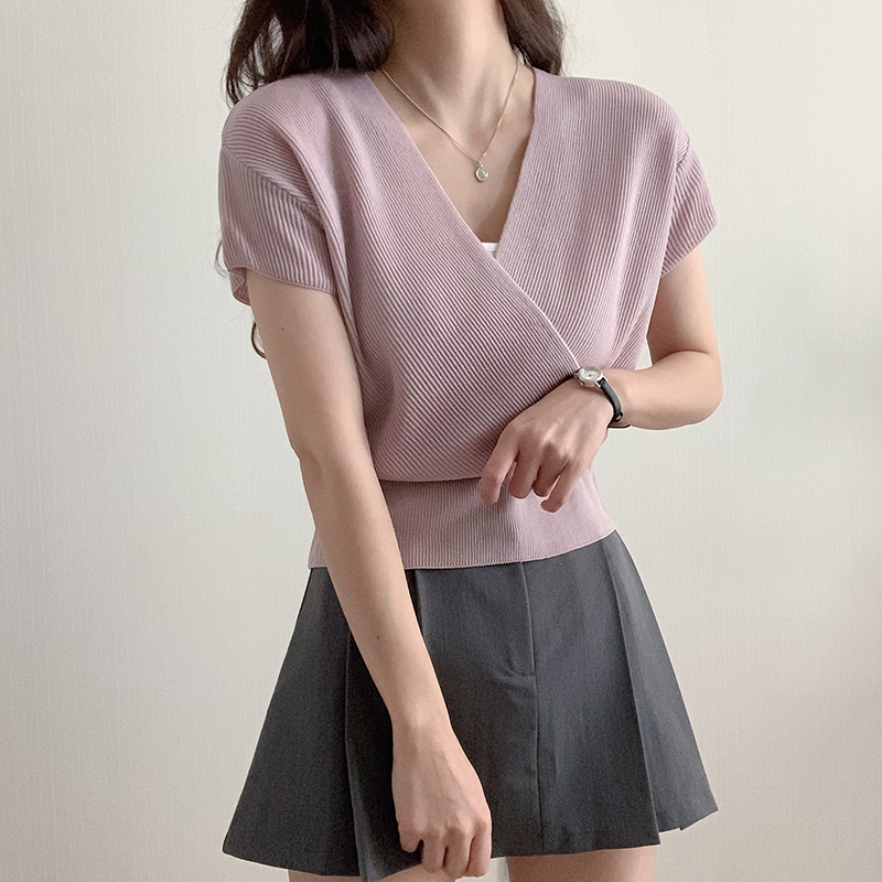 韓系交叉V領短袖針織衫(5色)