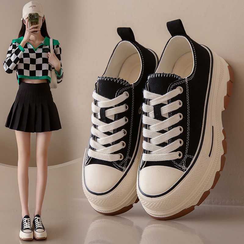 日式大頭加厚波浪底增高低幫帆布鞋（2色）
