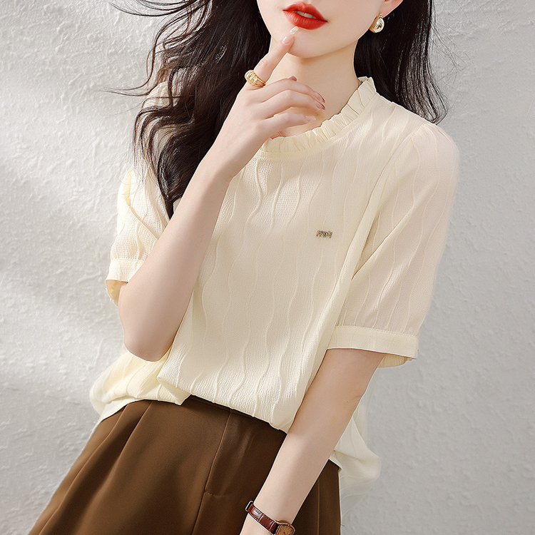 法式優雅木耳邊肌理壓花短袖小衫
