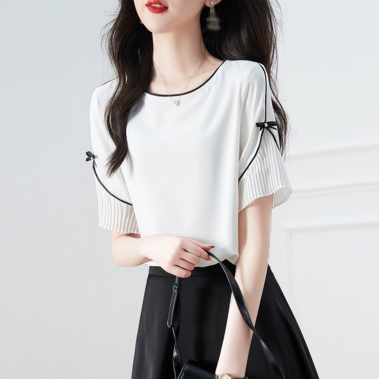 簡約舒適撞色圓領拼接網紗短袖小衫