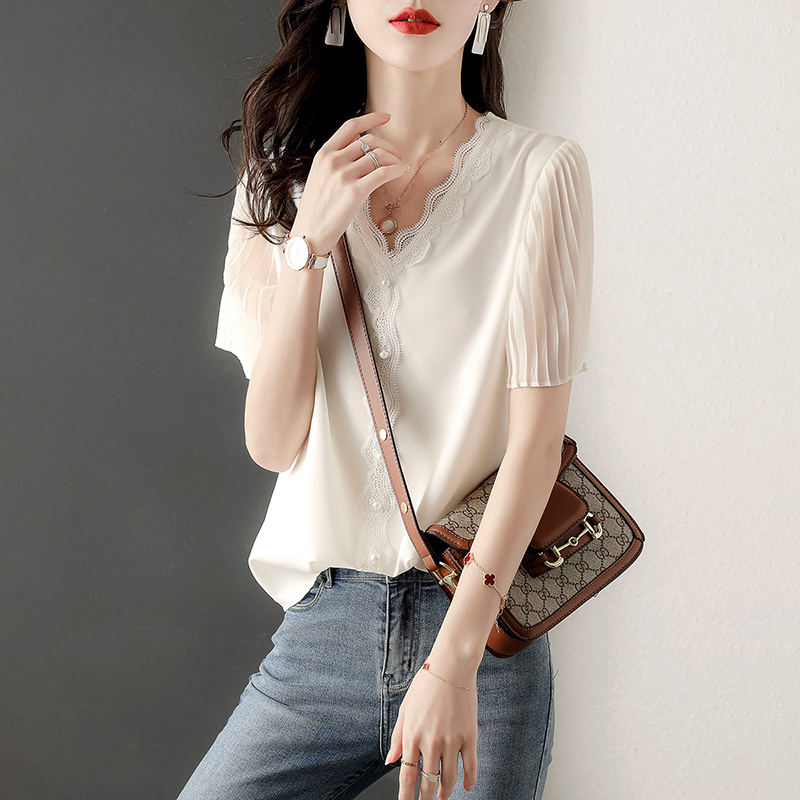 韓式洋氣拼接蕾絲V領短袖小衫
