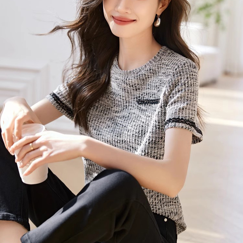 休閒圓領織帶拼接短袖T恤