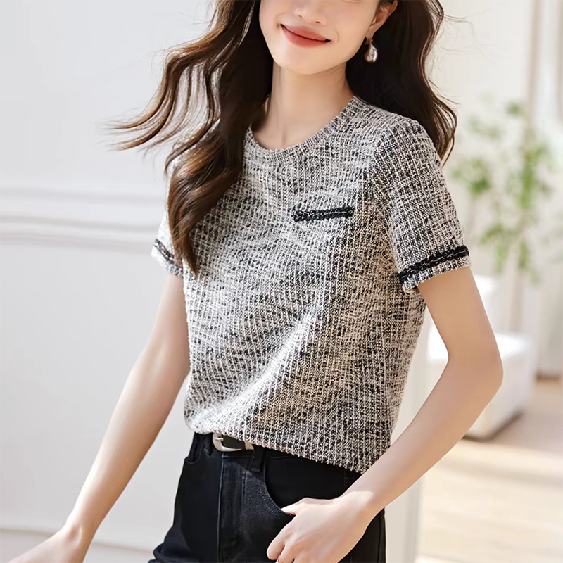 休閒圓領織帶拼接短袖T恤