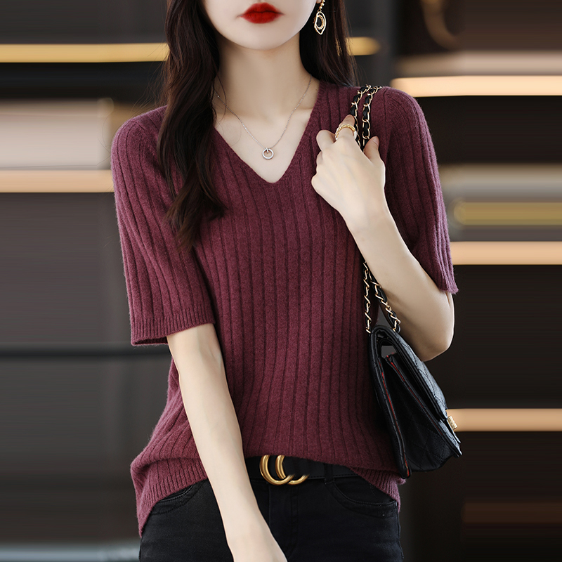 簡約V領薄款短袖針織衫(5色)