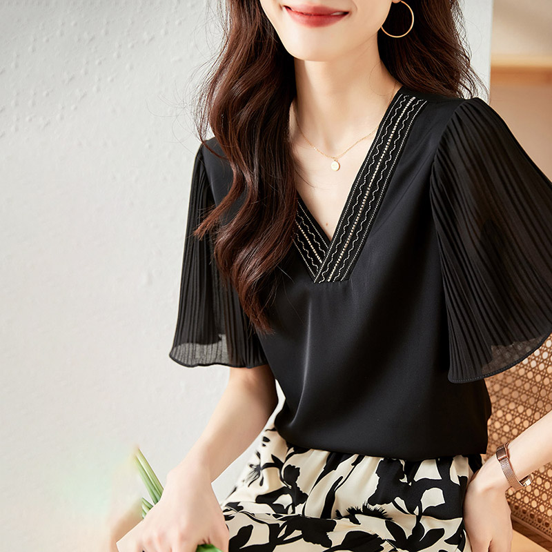 時尚V領拼接荷葉薄紗短袖小衫(2色)