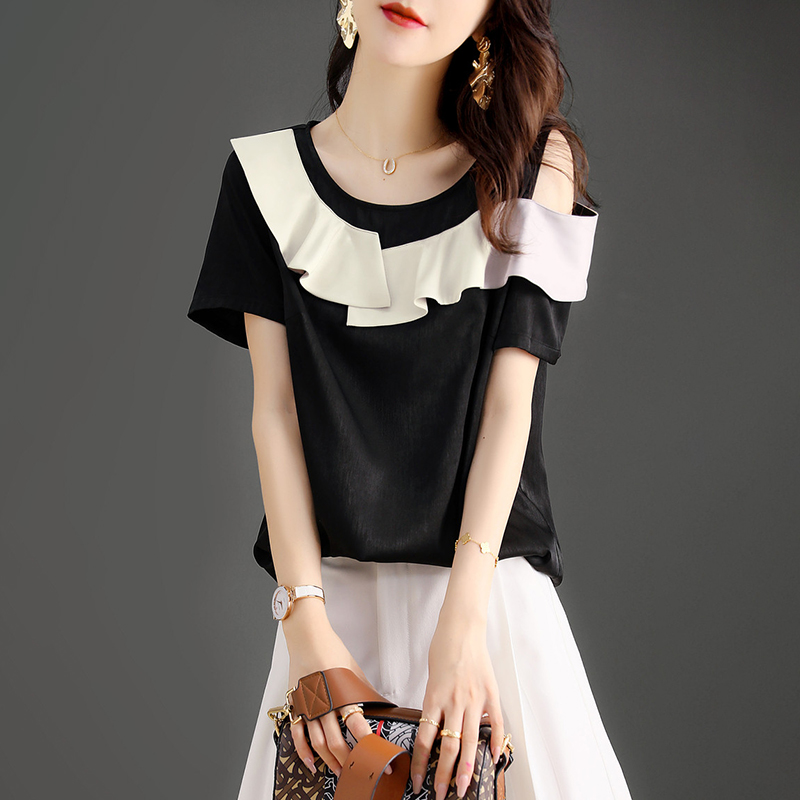 時尚圓領露肩荷葉邊設計短袖T恤