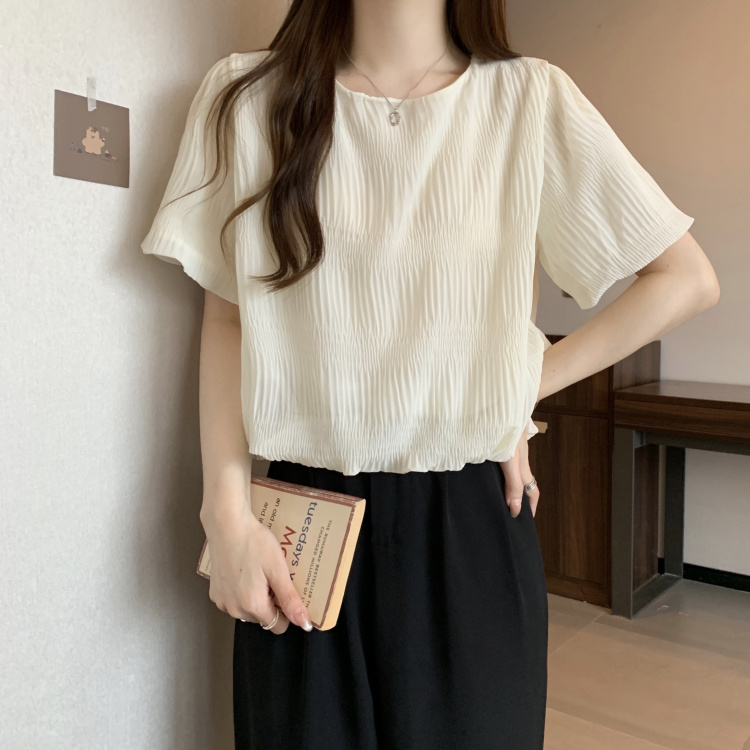 圓領肌理感壓褶泡泡短袖小衫