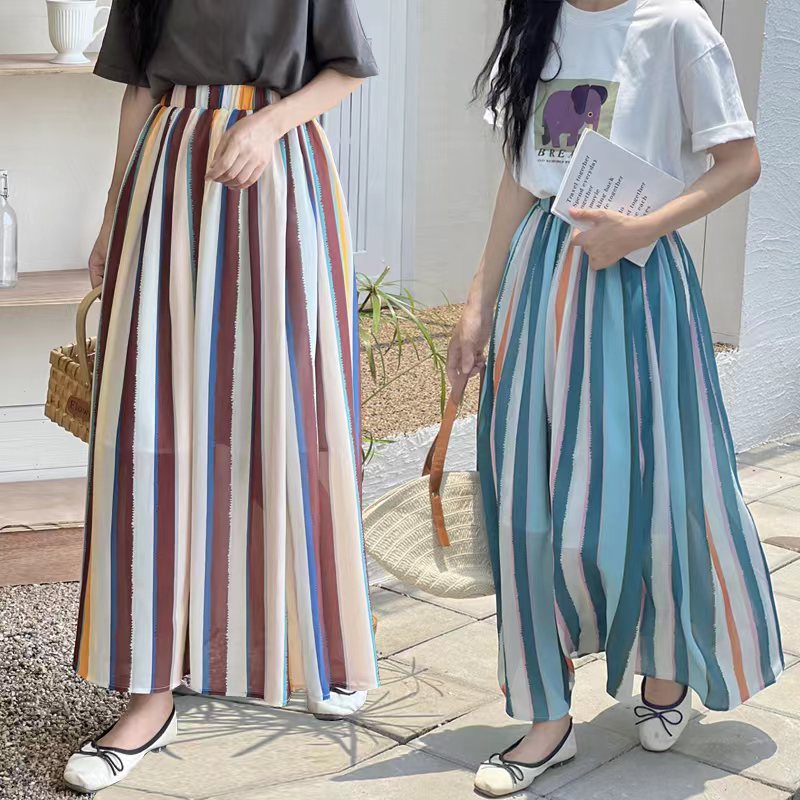 日繫條紋長A字大擺半身裙(9色)