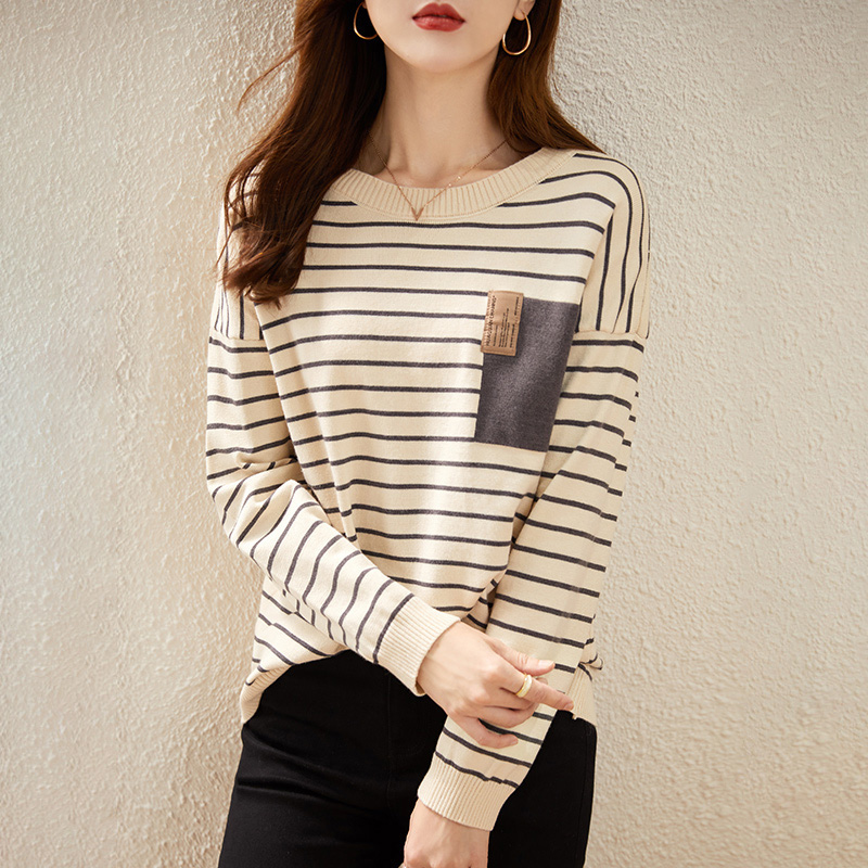 韓系氣質寬鬆百搭低圓領條紋針織衫(4色)