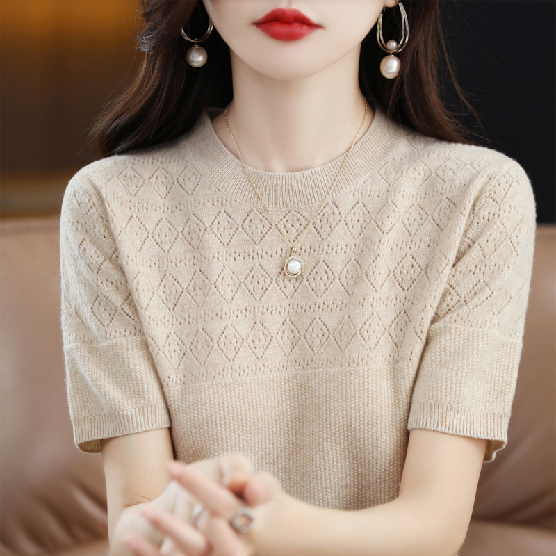 薄款鏤空菱形格針織短袖T恤(14色)