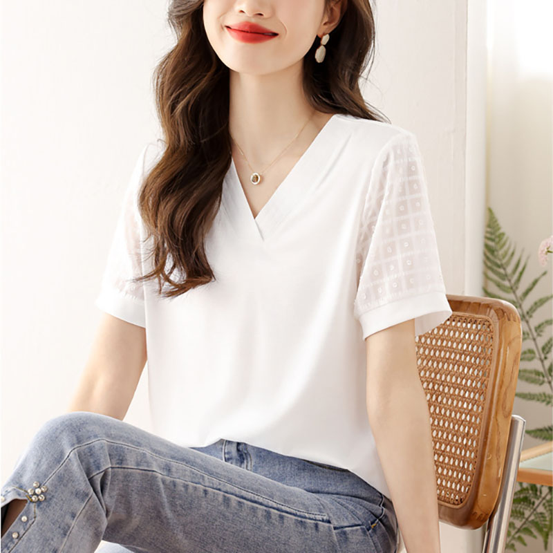 通勤百搭拼接v領短袖T恤