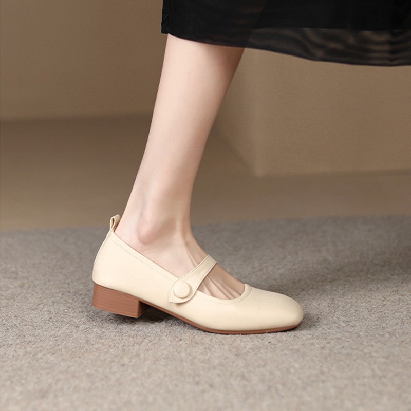 法式軟皮粗跟淺口豆豆鞋