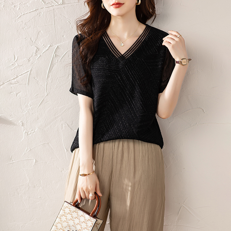 優雅知性拼接蕾絲短袖小衫