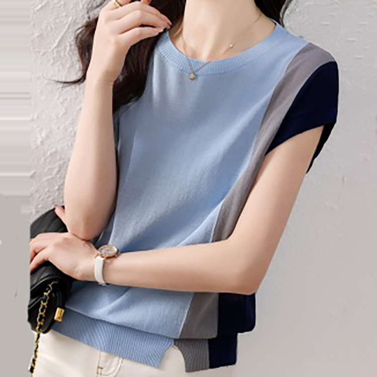 優雅軟糯親膚撞色圓領短袖T恤