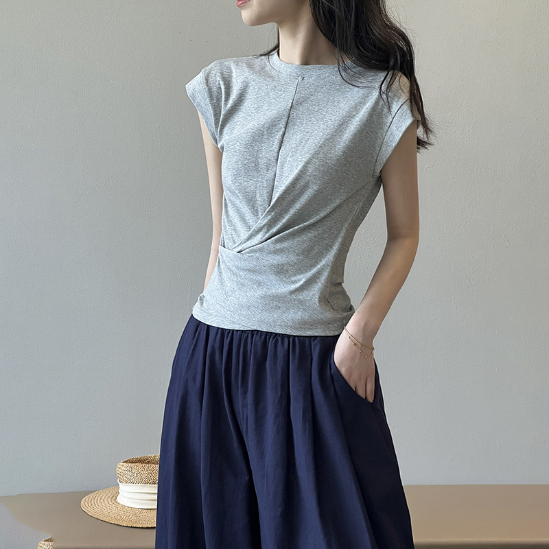 休閒純色小飛袖褶皺交叉不規則下擺T恤(3色)