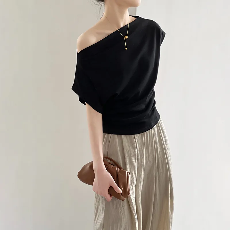 法式一字領露肩短袖T恤(3色)