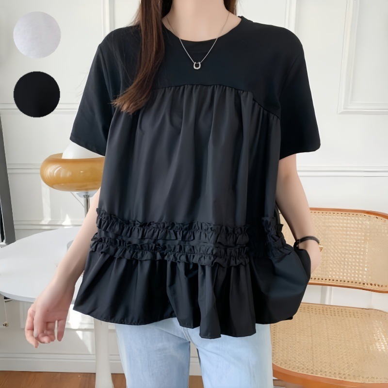 日系木耳邊撞色拼接短袖T恤(2色)