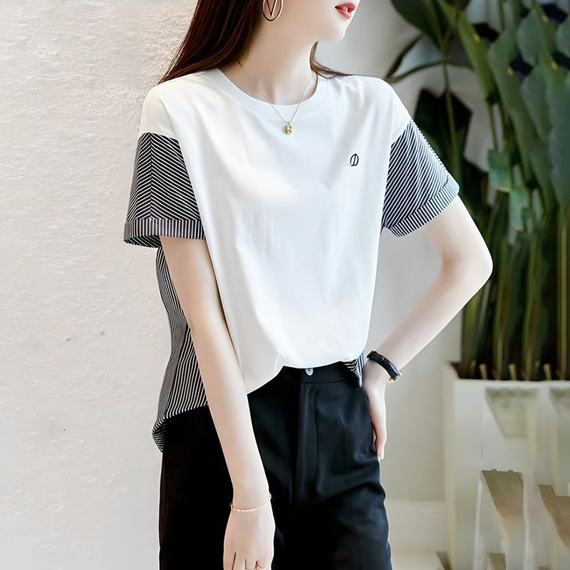 時尚圓領刺繡條紋短袖T恤