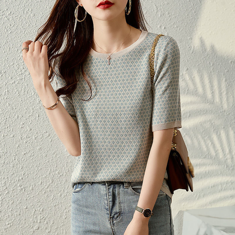 簡約圓領撞色格紋短袖T恤(2色)