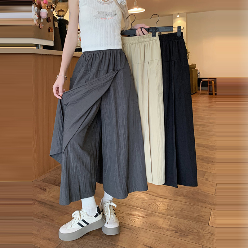 休閒高腰垂感闊腿七分裙褲(3色)