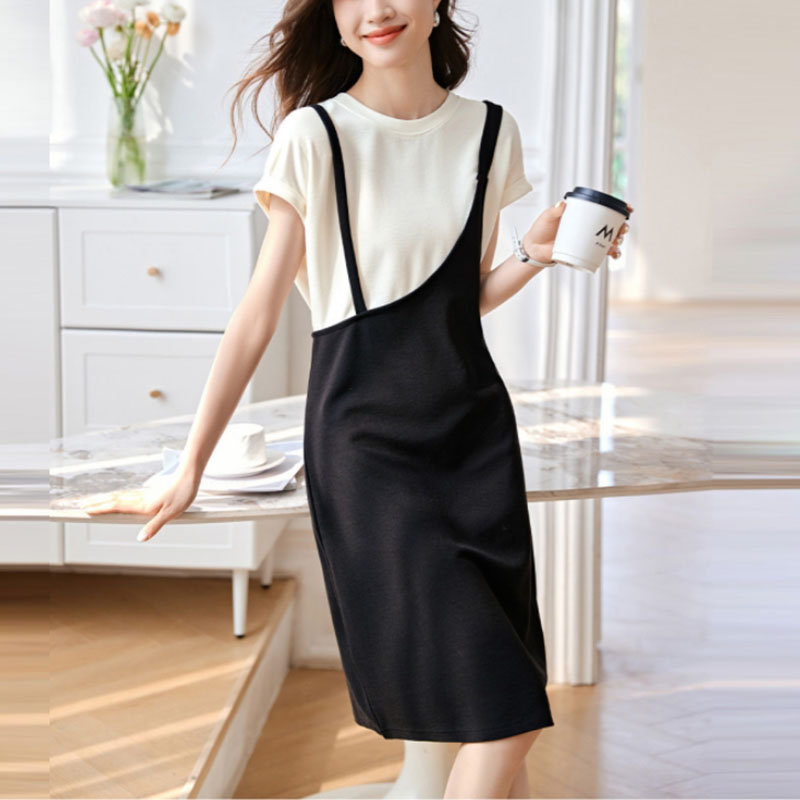 撞色拼接假兩件背帶連身裙