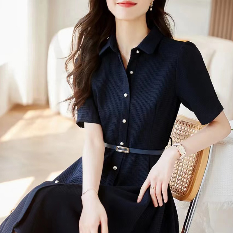 華夫格紋腰帶束腰襯衫連身裙