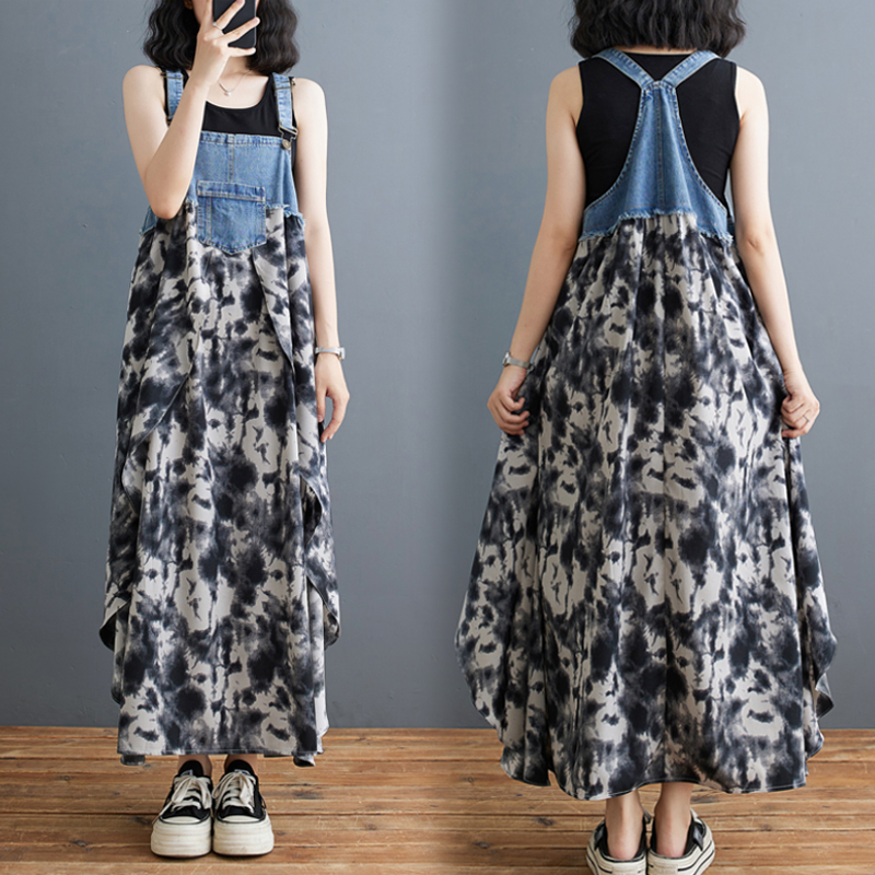 韓系荷葉邊牛仔拼接設計背帶款連身裙