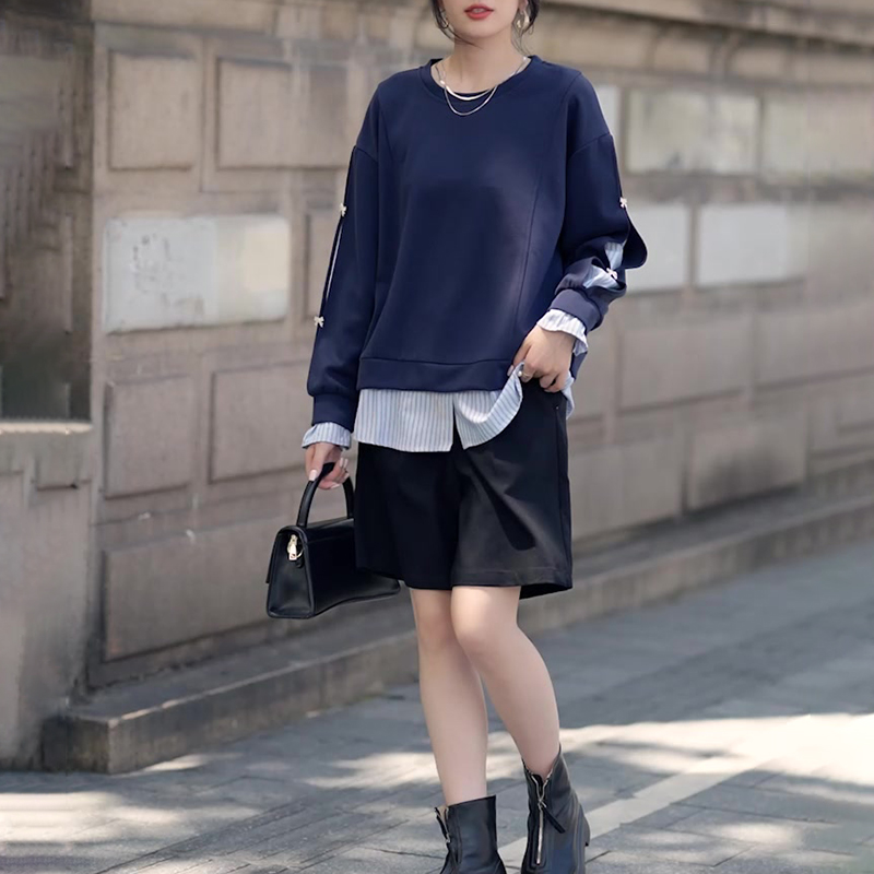 休閒圓領拼接假兩件衛衣