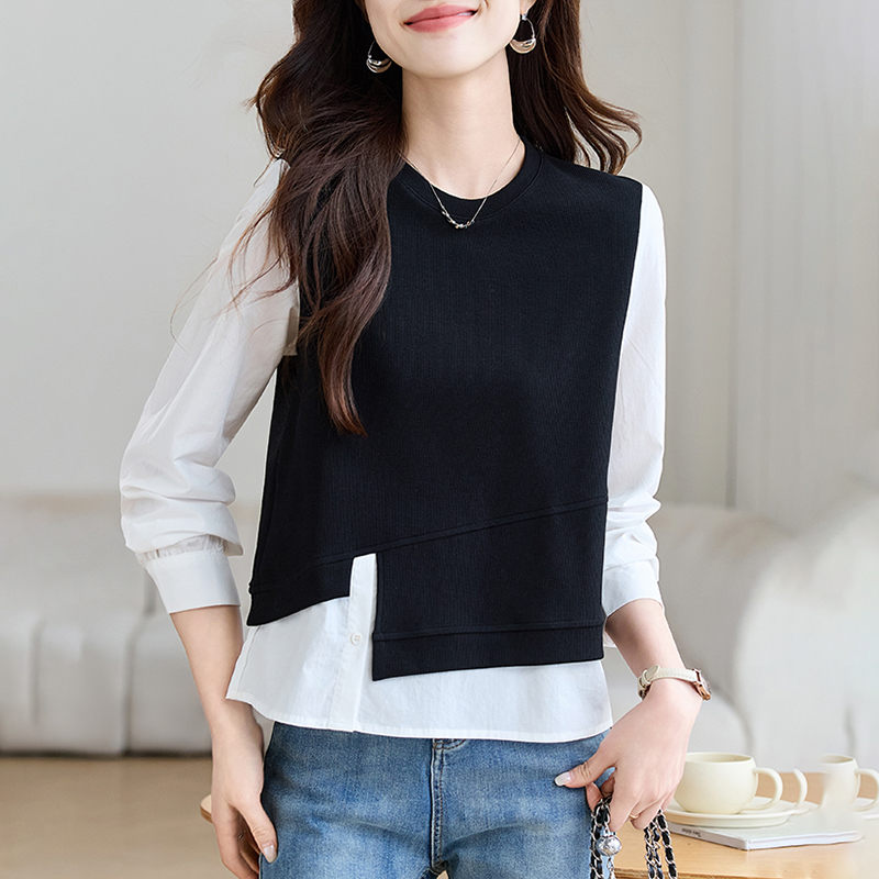 假兩件針織拼接長袖襯衫