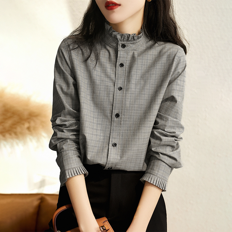 復古立領格子襯衫